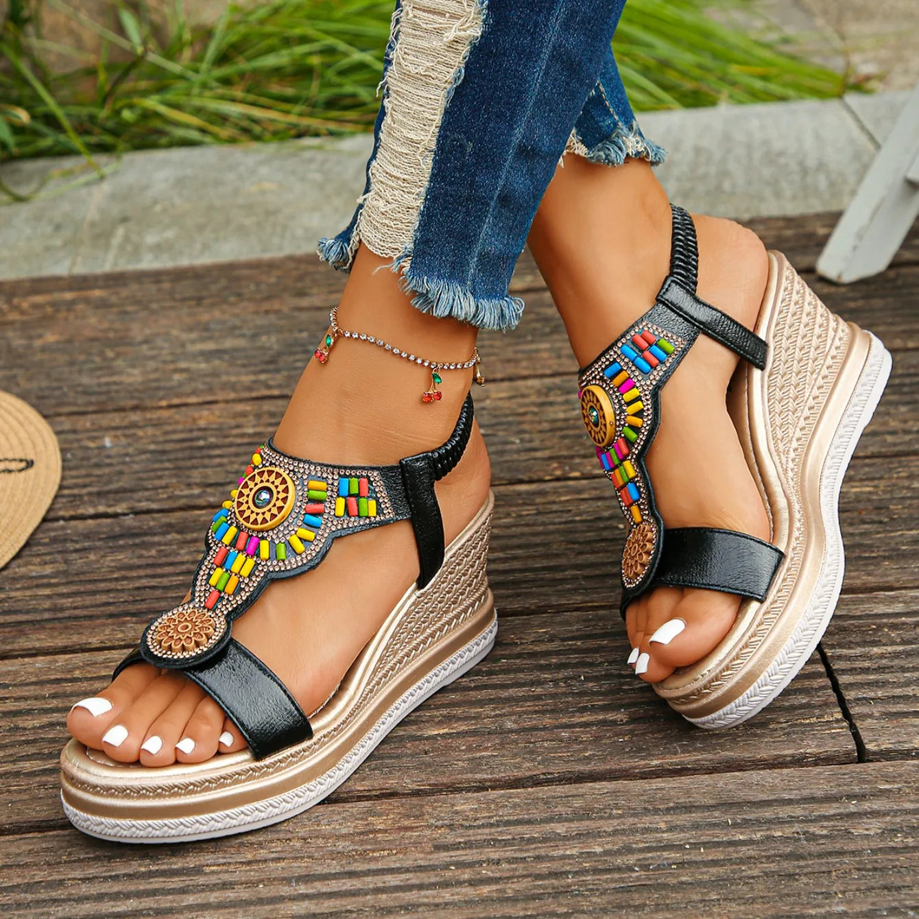 Women’s Boho Platform Wedge Sandals – Beaded Summer Comfort Shoes