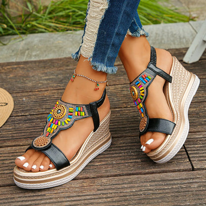 Women’s Boho Platform Wedge Sandals – Beaded Summer Comfort Shoes