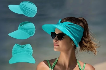 Woman wearing a turquoise visor with additional visor designs inset on a beach background