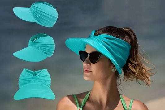 Woman wearing a turquoise visor with additional visor designs inset on a beach background