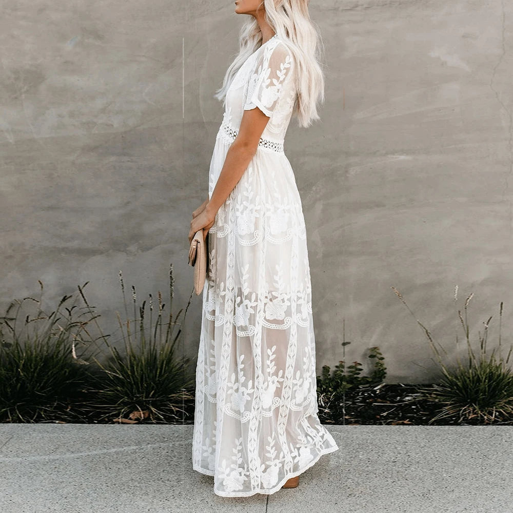Women’s Embroidered Lace Maxi Dress – Elegant White Boho Beach Style