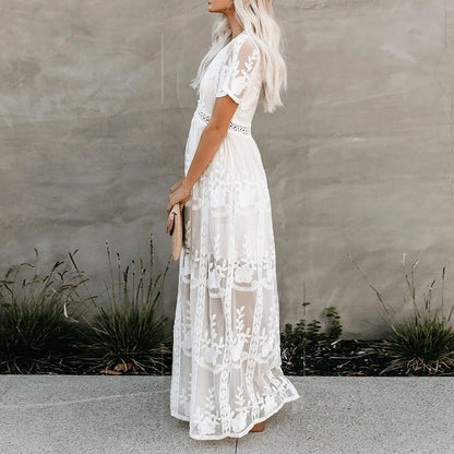 Women’s Embroidered Lace Maxi Dress – Elegant White Boho Beach Style