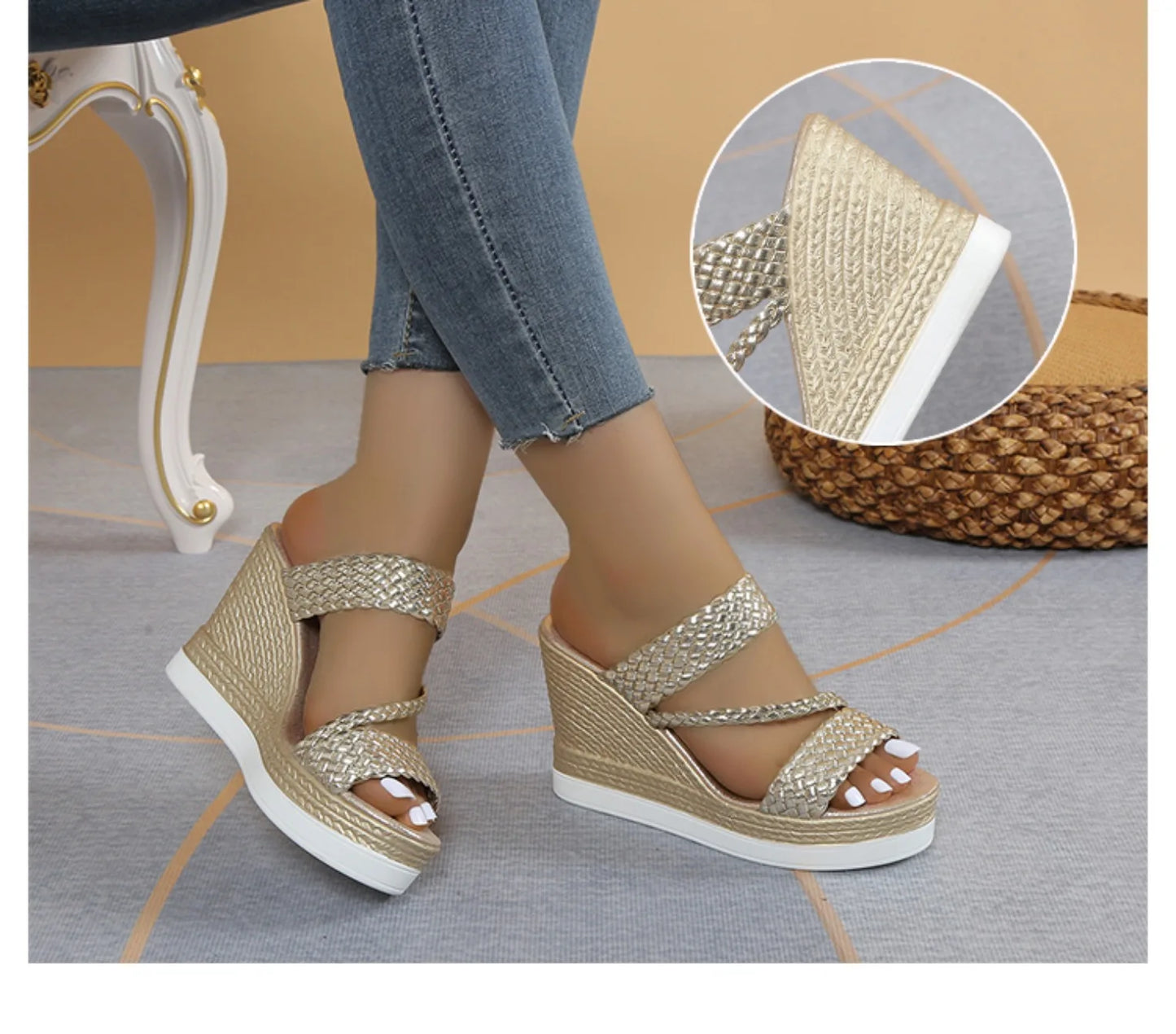 Women’s Braided Wedge Sandals – Slip – on Platform Summer Heels – Gold – 37