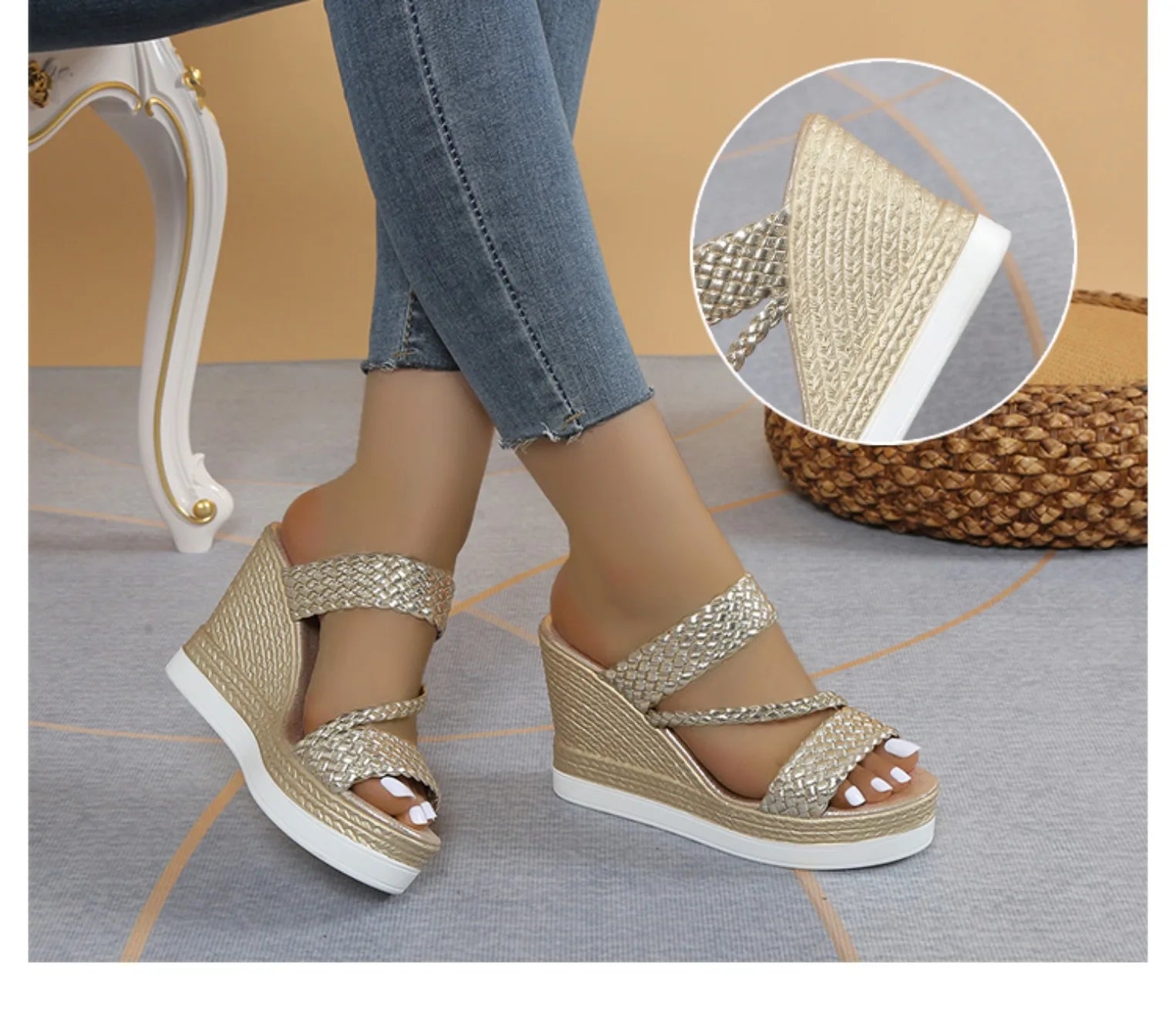 Women’s Braided Wedge Sandals – Slip – on Platform Summer Heels – Gold – 37