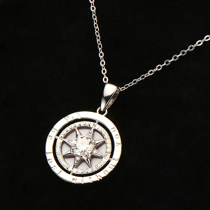 Women’s Sterling Silver Compass Necklace – 6.5mm Cubic Zirconia Pendant