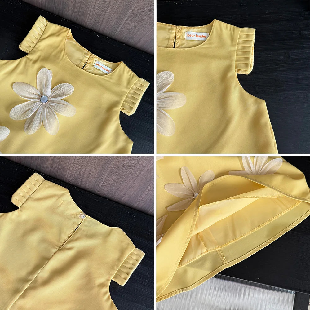 Girls’ 3D Flower A-Line Dress – Sleeveless, Knee Length