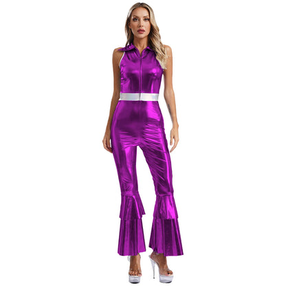 Women’s 70s Metallic Disco Jumpsuit – Sleeveless High – Waist Flared Costume – Green – M