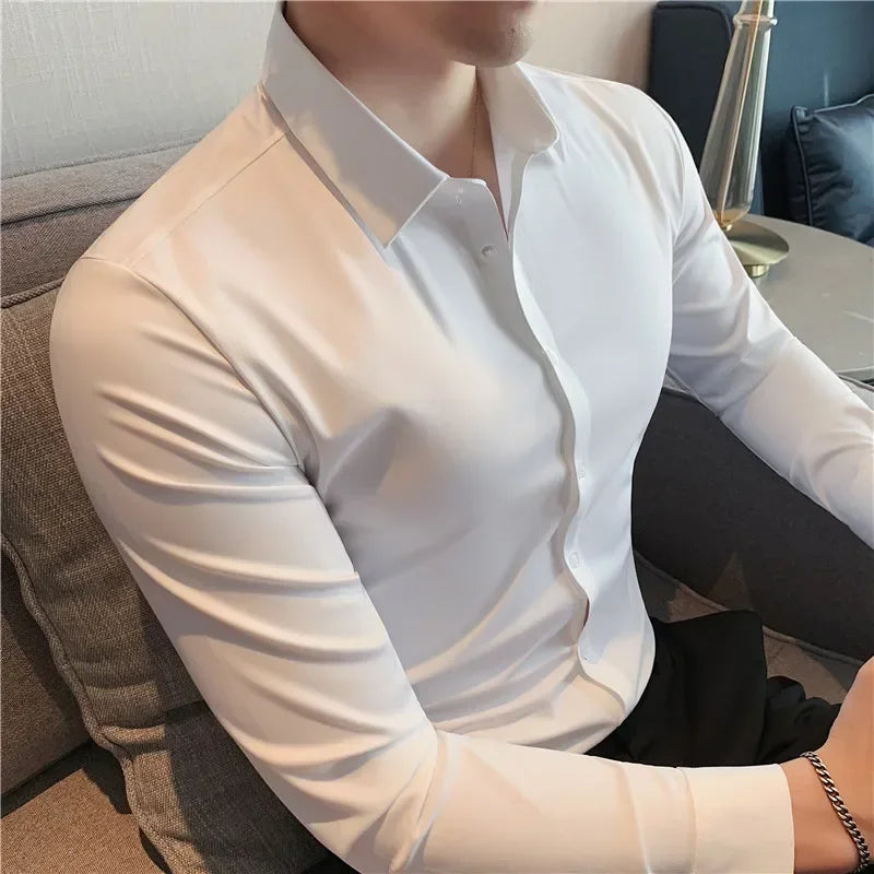 Men’s Ultra-Stretch Long-Sleeve Shirt – Silky Feel, Smart Casual Fit