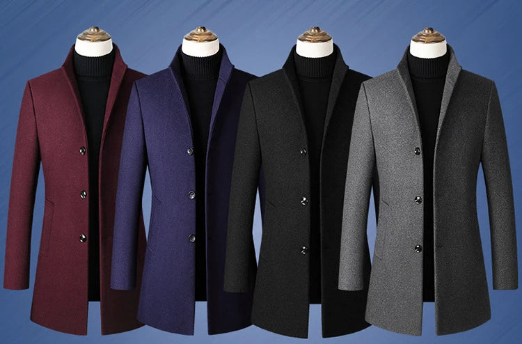 Men’s Wool-Blend Winter Overcoat – Stand Collar, Slim Long Coat