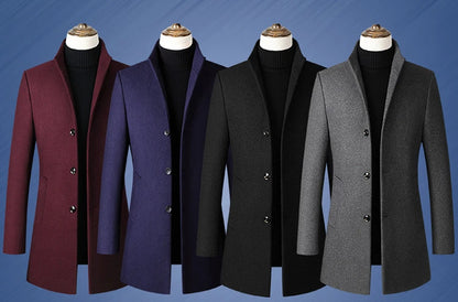 Men’s Wool-Blend Winter Overcoat – Stand Collar, Slim Long Coat