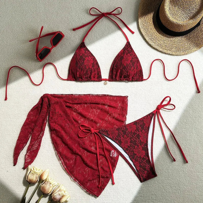 Women’s Lace Triangle Bikini Set with Cover-Up – 3 Piece