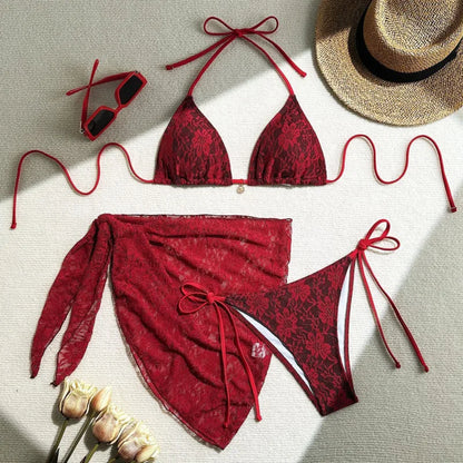 Women’s Lace Triangle Bikini Set with Cover-Up – 3 Piece