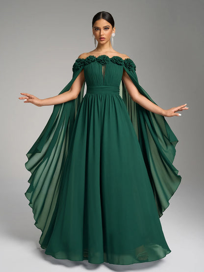 Women’s One-Shoulder Chiffon Evening Gown – Flared Sleeves, Pleated Waist - The Dock Drop