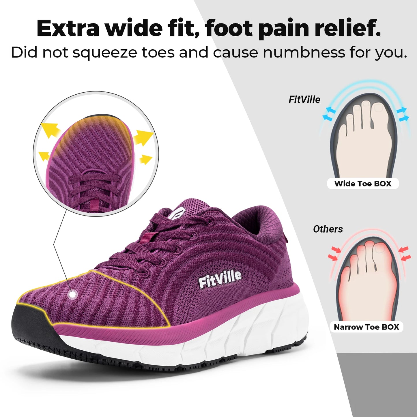 Women's Wide Fit Walking Sneakers – Breathable Lightweight Comfort Shoes – Purple – 35.5