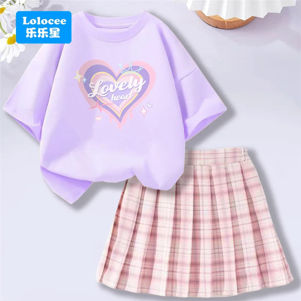 Girls’ T-Shirt & Plaid Skirt Set – 2 Piece Outfit
