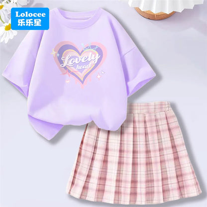 Girls’ T-Shirt & Plaid Skirt Set – 2 Piece Outfit