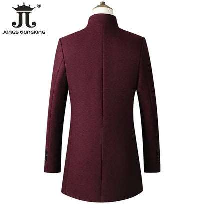 Men’s Wool-Blend Winter Overcoat – Stand Collar, Slim Long Coat