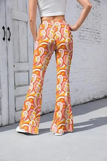 Women’s 70s Floral Bell Bottom Pants – High – Waist Flare Trousers – Red-floral – XXL