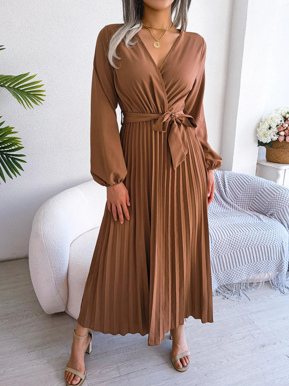 Women’s Pleated V-Neck Maxi Dress – Long Sleeve, Belted Waist