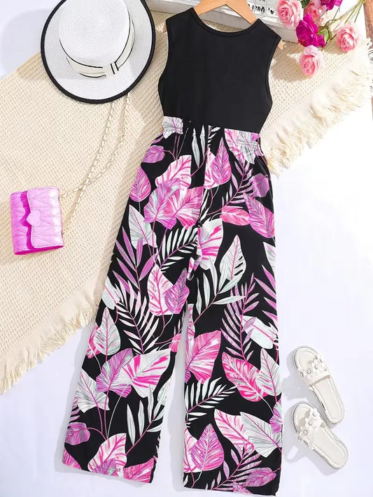 Girls’ Tropical Wide-Leg 2 piece – Pink Leaf Print