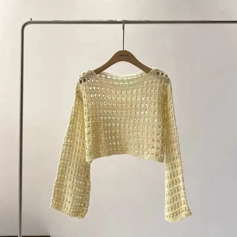 Women’s Crochet Knit Crop Top – Lightweight Summer Pullover