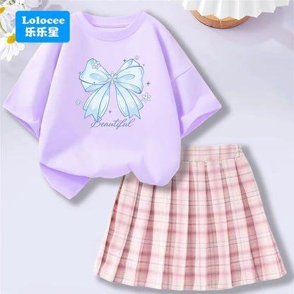 Girls’ T-Shirt & Plaid Skirt Set – 2 Piece Outfit