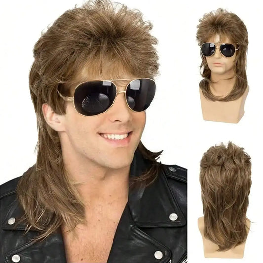 Brown mullet wig with sunglasses on a mannequin head and a man wearing it.