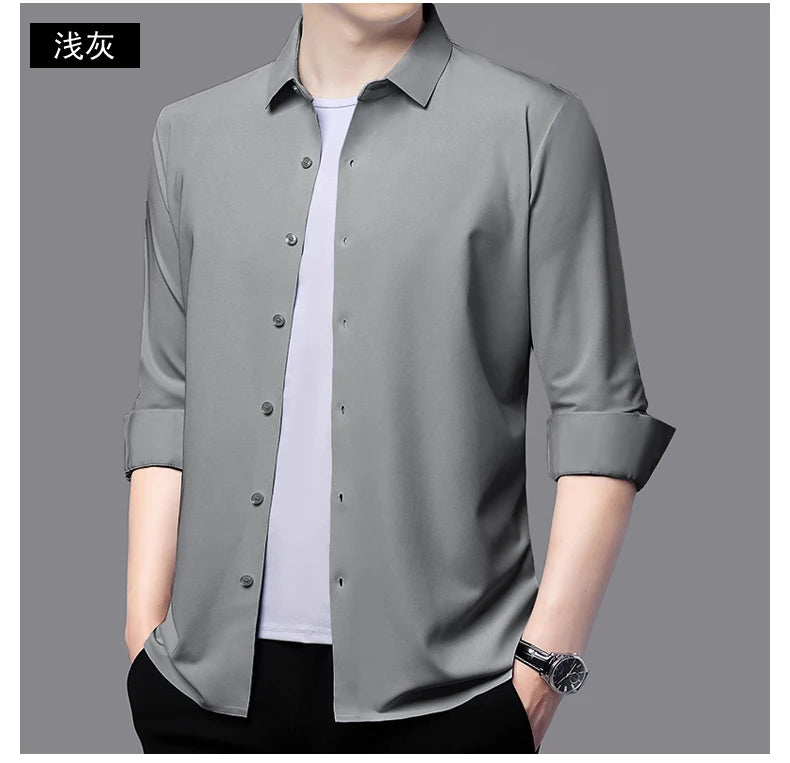 Men’s Ultra-Stretch Long-Sleeve Shirt – Silky Feel, Smart Casual Fit