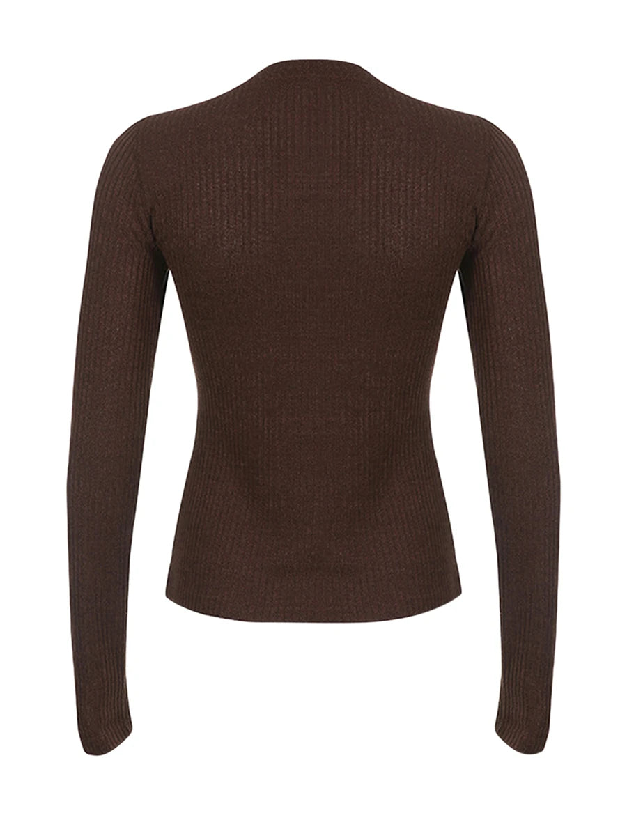 Women’s Ribbed Button-Front Knit Top – Slim Fit Long Sleeve