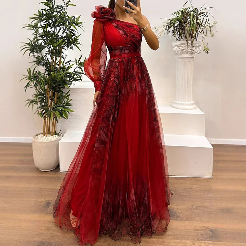 Women’s Asymmetrical One-Shoulder Evening Gown – High Waist, Mesh Overlay