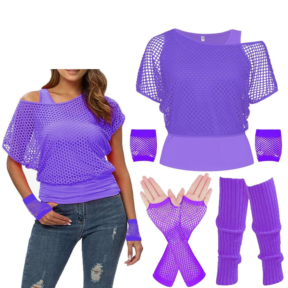 Women’s 80s Neon Mesh Top and Gloves Set – Retro Party Costume – Violet Purple Set – L