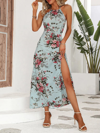 Women’s Floral High-Slit Halter Dress – Sleeveless, Summer Maxi