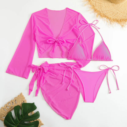 Women’s 4-Piece Wrap Bikini Set with Mesh Skirt