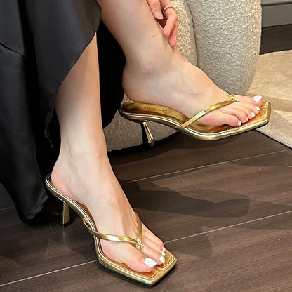 Women’s Strappy Heeled Flip Flop Sandals – Square Toe Slip-On Heels