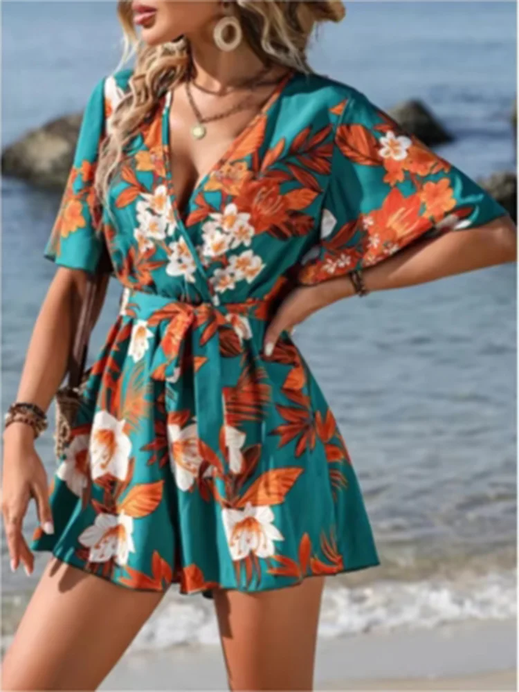 Women’s V-Neck Short-Sleeve Printed Romper – Lightweight, Beach-Ready