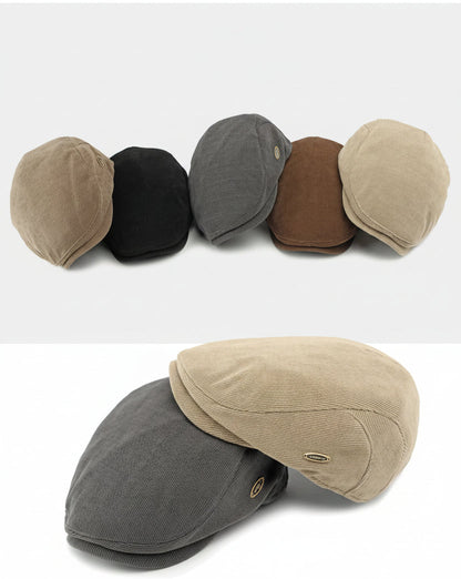 A set of flat cap newsboy caps shown in multiple colors, including beige, black, gray, brown, and tan. The image features a top row of five caps, a middle close-up of a beige and gray cap, and a bottom crop showing two more caps.