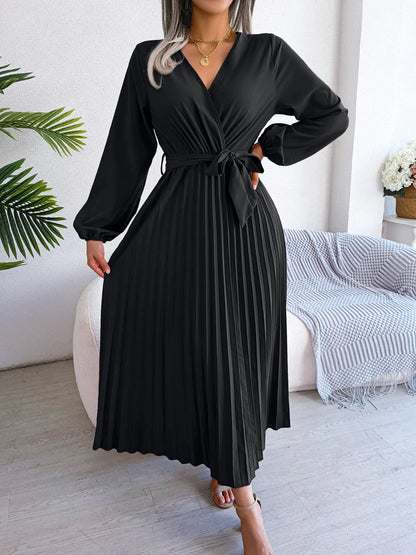 Women’s Pleated V-Neck Maxi Dress – Long Sleeve, Belted Waist