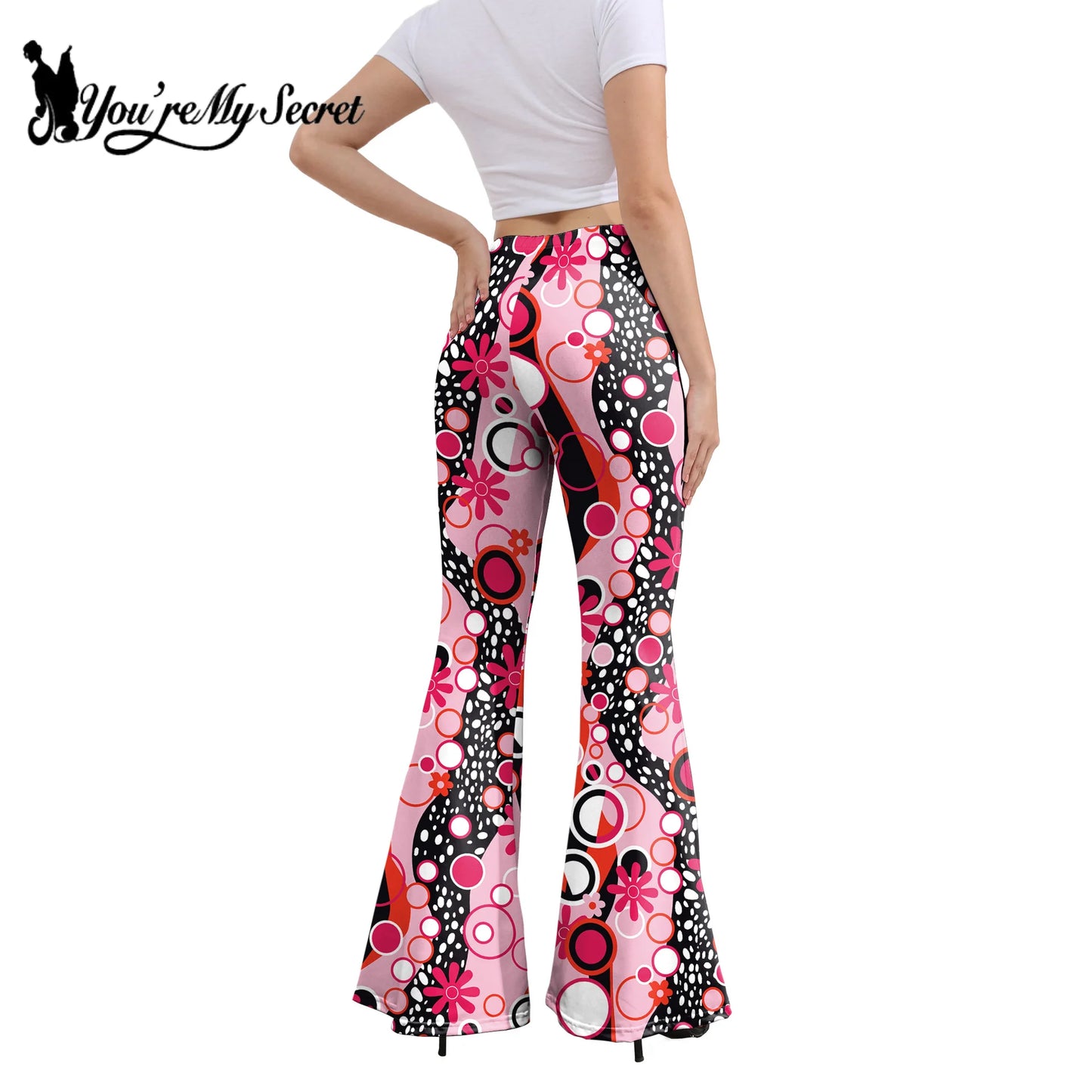 Women’s 70s Floral Bell Bottom Pants – High – Waist Flare Trousers – Brown-peace – XXL