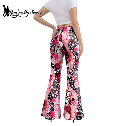 Women’s 70s Floral Bell Bottom Pants – High – Waist Flare Trousers – Brown-peace – XXL