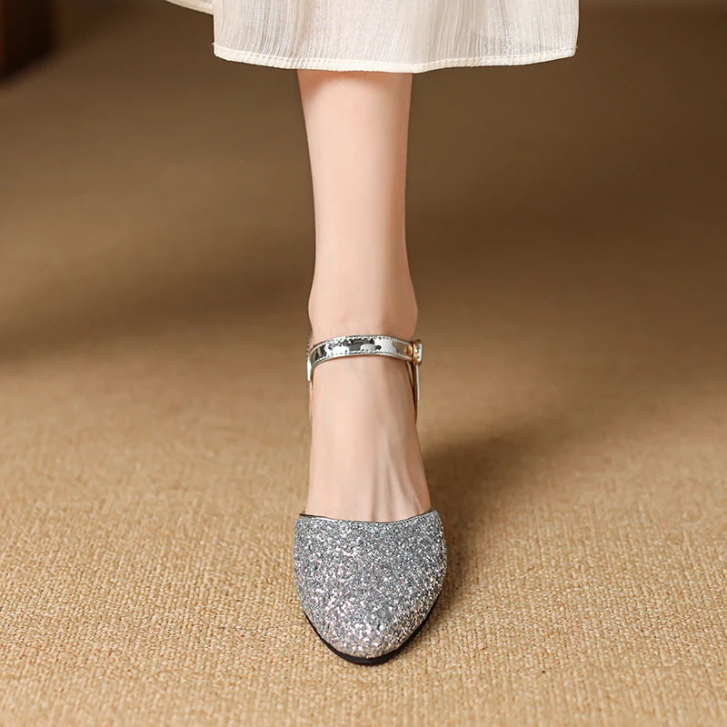 Women's Glitter Closed-Toe Kitten Heels with Ankle Strap