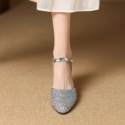 Women's Glitter Closed-Toe Kitten Heels with Ankle Strap