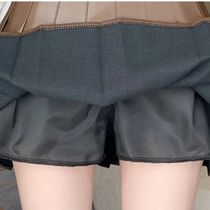 Women’s Pleated PU Mini Skirt with Belt – High-Waist, A-Line