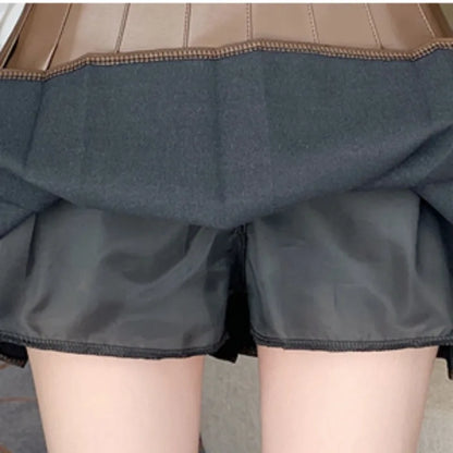 Women’s Pleated PU Mini Skirt with Belt – High-Waist, A-Line