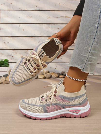 Women’s Lightweight Patchwork Lace-Up Sneakers – Casual Travel Walking Shoes