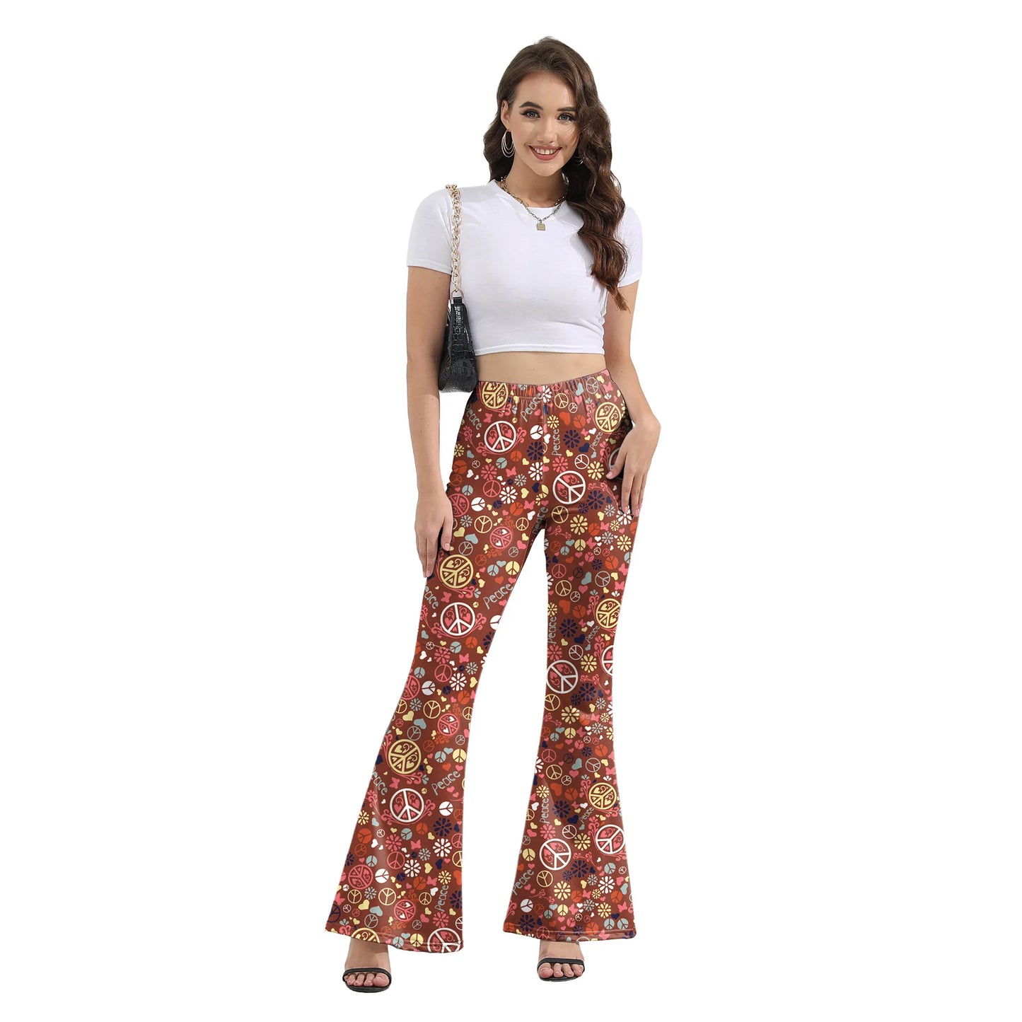 Women’s 70s Floral Bell Bottom Pants – High – Waist Flare Trousers – Orange-retro – L