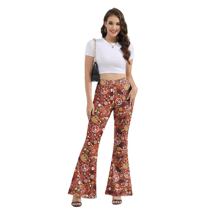 Women’s 70s Floral Bell Bottom Pants – High – Waist Flare Trousers – Orange-retro – L