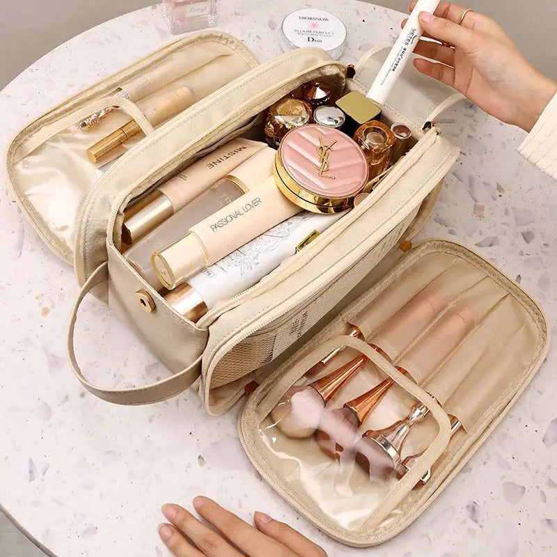 Large travel makeup organizer bag with double zipper storage