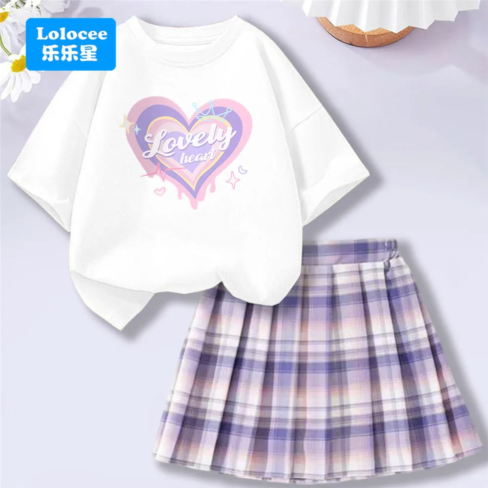 Girls’ T-Shirt & Plaid Skirt Set – 2 Piece Outfit