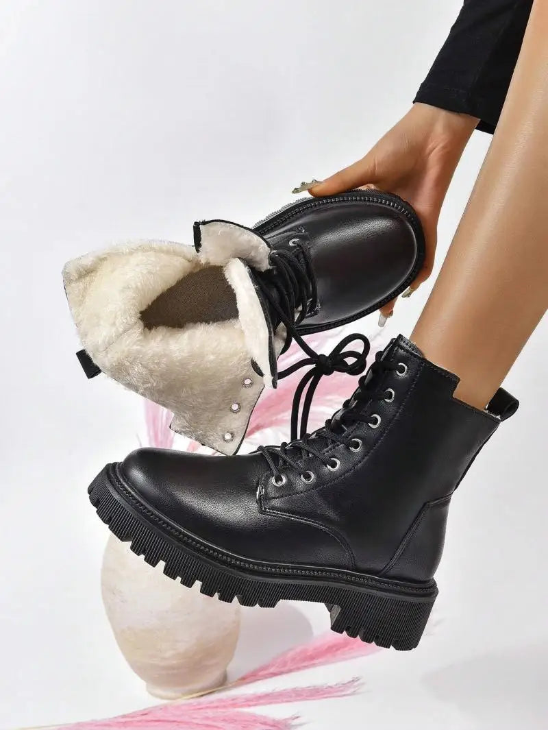 Women’s Plush-Lined Lace-Up Winter Boots – Warm, Non-Slip & Street Style Ready