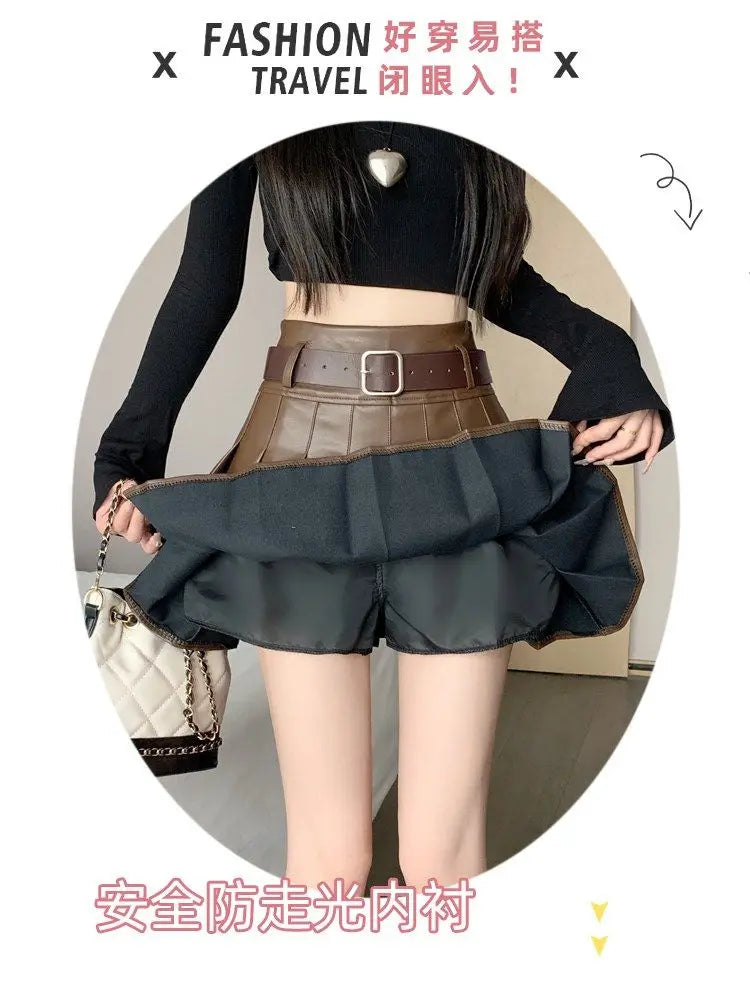 Women’s Pleated PU Mini Skirt with Belt – High-Waist, A-Line